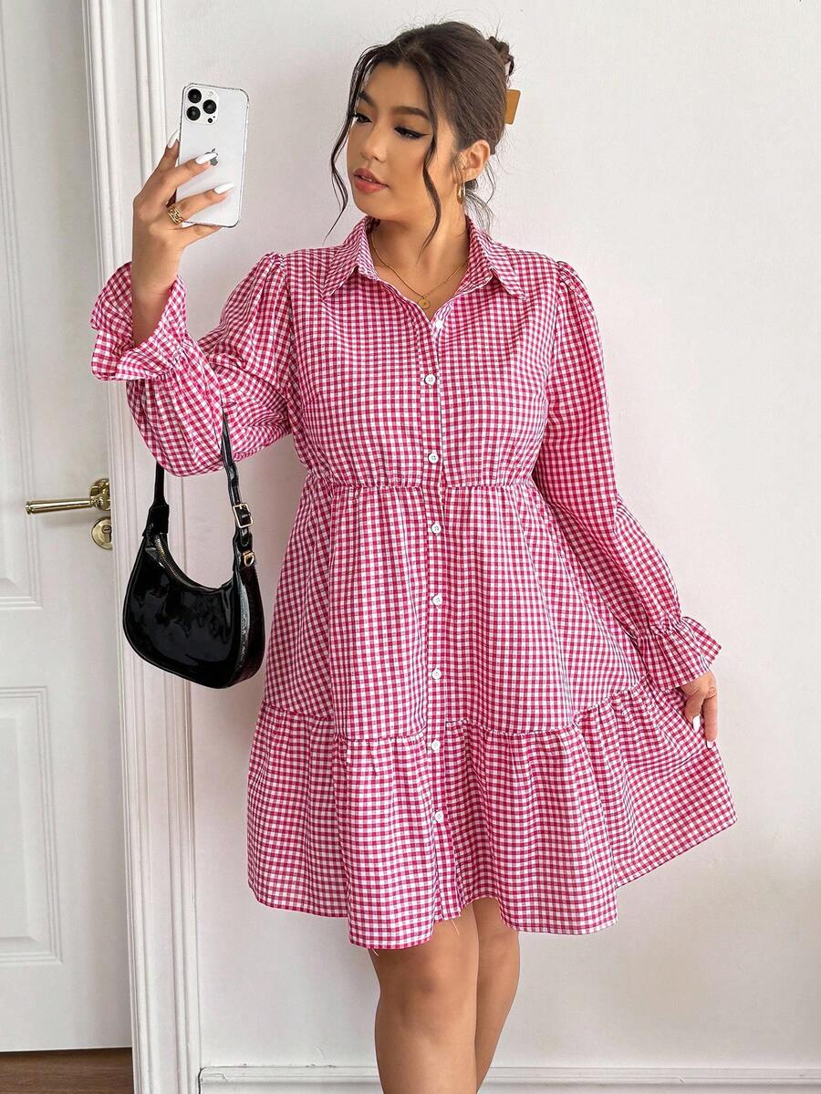 SHEIN Frenchy Plus Size Women's Open Front Plaid Long Sleeve Short Dress, Casual Outgoing Date Fashion Crimson Red Dress