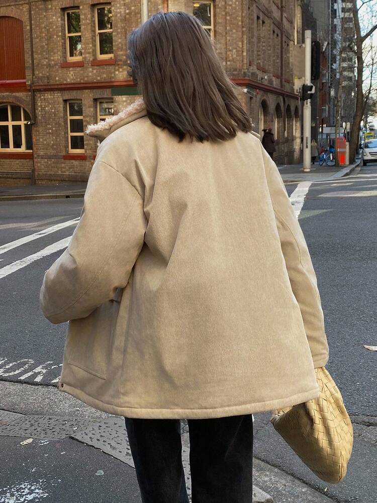 Corduroy Patchwork Fur Collar Pocket Casual Thicken Thermal Lined Loose Fit Padded Coat For Women, Autumn/Winter Jacket