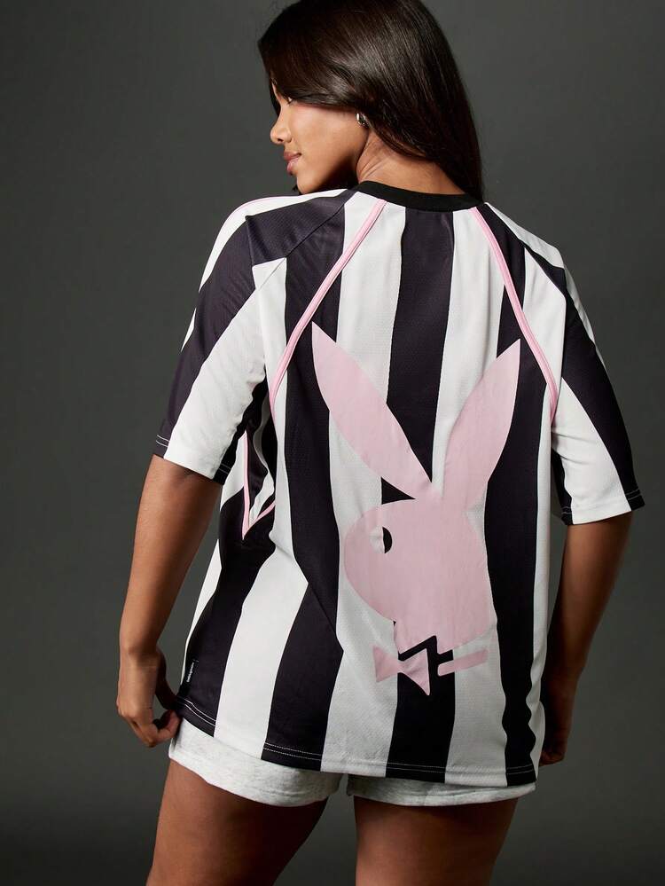 Missguided x Playboy Oversized Football Jersey Style Top With Logo And Flower Applique For Casual Streetwear