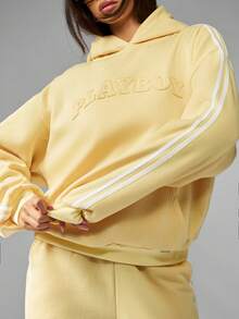 Missguided x Playboy Oversized Long Sleeve Hoodie With Centre Pocket Pullover Sweatshirt For Casual Streetwear Winter Comfort - Yellow - View 6