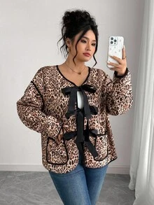 Elenzga Plus Size Women's Leopard Print Contrast Piping Tie Front Loose Jacket, Casual Style For Spring & Autumn Winter Autumn Fall - Multicolor - View 4
