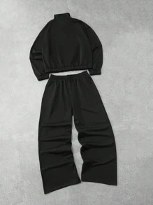 Manfinity EMRG 男士黑色美式休闲套头衫和运动裤套装，适合日常、休闲、通勤、街头服饰黑色两件套男士男士两件套服装男士套装黑色套装男士男士运动服套装，秋季服装 - 黑色 - 查看 2