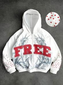Manfinity EMRG 男士街头风INS风自由女神像“FREE”红色水钻装饰休闲保暖连帽衫，男友/老公礼物，周年纪念礼物，白色拉链连帽衫，红色水钻设计，水钻连帽衫，秋冬款 - 白色 - 查看 1