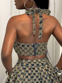 Slaydiva 女士牛仔露背短款上衣，性感修身蓝色 - 深色水洗藍 - 查看 2