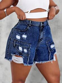 SHEIN Essnce Short en jean délavé et déchiré d'été casual grande taille - Jean brut - Voir 3