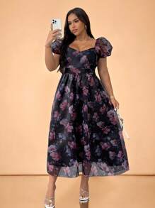 Cravure Organza Printed Sweetheart Neck High Waist Babydoll Dress, Suitable For Wedding Guest, Mother's Day - Multicolor - View 1