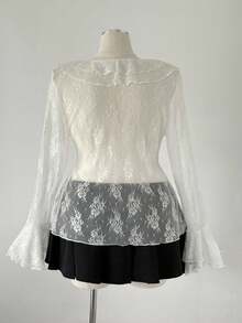 Sunspun Áo cánh ren cổ chữ V viền bèo nhún, áo sơ mi tay loe gợi cảm thường ngày, áo kiểu Pháp đi chơi - Màu be - Xem 6