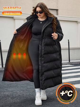 SHEIN CURVE+ Women's Plus Size Hooded Long Padded Coat Jacket (With Belt), Autumn/Winter Black Coats For Women Plus Size