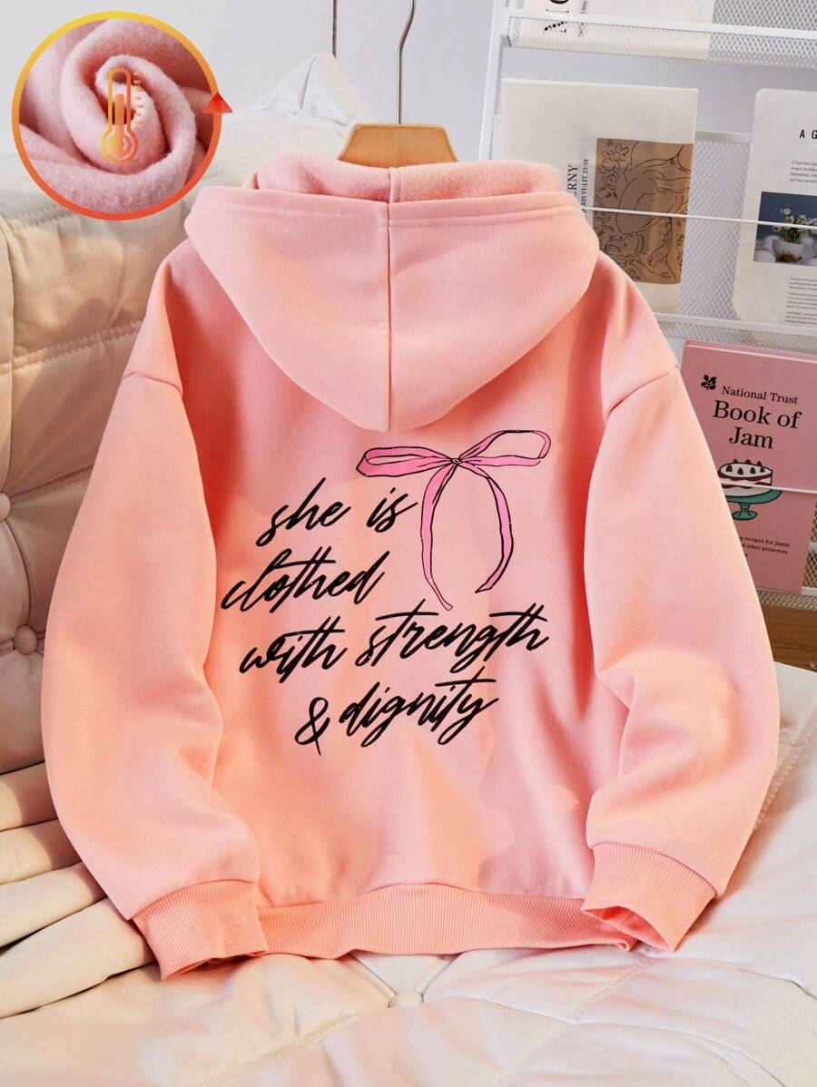 Tween Girl Letter Print Casual Hoodie, Pink, Pocket, Long Sleeve, Graduation Long Sleeve Top, Back To School, Graduation, Teacher , Fall Winter