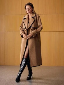 MOTF PREMIUM 羊毛撞色饰边腰带风衣 - 卡其色 - 查看 5