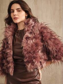 Anewsta 时尚仿毛领短外套，适合秋季、冬季、新年穿着，优雅、别致、时尚，圣诞节、外出皆宜 - 鏽棕色 - 查看 7