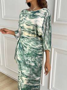 Modelyn 2pcs Women's Round Neck Allover Print Mid-Sleeve Top And Pleated Hem Skirt Set 2 Pieces Set - Green - View 3