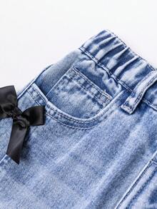Elladie kids 女童（小号）破洞复古时尚个性前片开叉漂白牛仔阔腿牛仔裤，带 3D 蝴蝶结，百搭四季蓝色休闲裤 - 藍色 - 查看 4