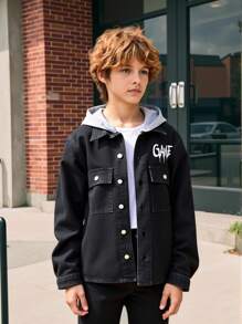 青少年男孩牛仔夹克和外套，休闲百搭街头风夹克，带可拆卸兜帽，四季必备衣橱单品 - 黑色 - 查看 3
