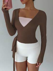 FavEase Suéter corto envolvente de yoga, fitness y deportes de color rosa, cárdigan de cuello en V de manga larga, elástico y suave, minimalista y elegante, una prenda básica de armario a juego para mujer, para primavera y otoño - Marrón - Ver 7