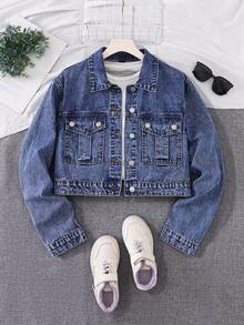 SHEIN 少女 Y2K 街头平口袋短款牛仔夹克，女孩时尚秋冬单品 - 中等水洗藍 - 查看 5