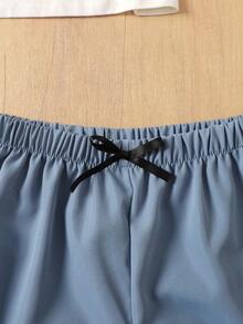 SHEIN 2 件套少女白色针织蝴蝶印花 T 恤和蓝色腰带蝴蝶结工装裤，适合居家、休闲、度假、午餐、音乐节、春夏季 - 藍色 - 查看 3