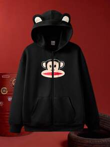 Paul Frank X SHEIN Áo khoác nam dài tay in hình khỉ hoạt hình, có mũ trùm đầu và khóa kéo, tai 3D, kiểu dáng thường ngày, thích hợp cho mùa thu. - màu đen - Xem 1