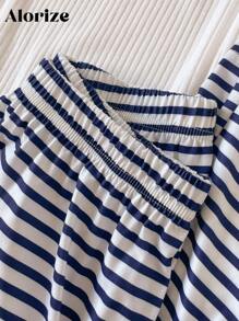 Sparklyn 2 件套青少年女孩圆领长袖 T 恤和松紧腰条纹直筒裤，秋季休闲装 - 白色 - 查看 3