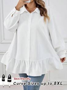 SHEIN CURVE+ 大码女式荷叶边下摆长袖纽扣衬衫，夏季宽松中长款衬衫上衣，秋季女式长袖紧身外套，冬季，CURVE PLUS/秋冬 - 白色 - 查看 8
