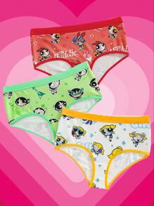 THE POWERPUFF GIRLS X SHEIN 3pcs Women Cute Cartoon Blossom, Bubbles, Buttercup Pattern Panties,Comfy, Bacis, Panty Set For Women,Kawaii,Sweet - Multicolor - View 1