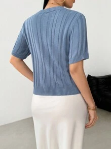 Modelyn Cardigan tricotat cu un singur rând de nasturi și mâneci scurte, cu mărgele și frânghie răsucite pentru femei - Dusty Blue - Vizualizare 5