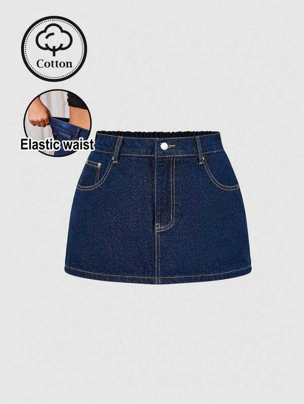 Maija Plus Size Women's Non-Stretch Denim Mini Skirt, Dark Blue Washed Denim Fabric, Anti-Exposure Underskirt,Fall Clothes For Women