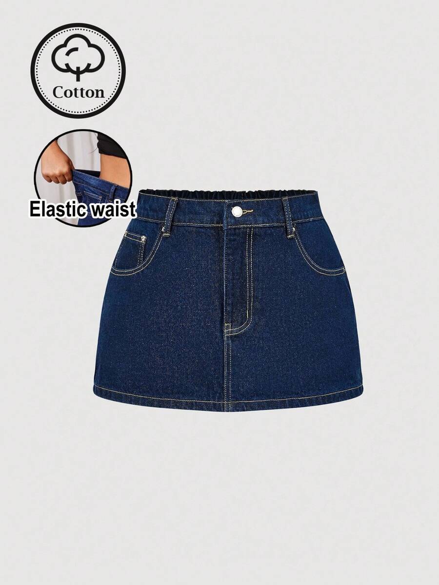 Maija Plus Size Women's Non-Stretch Denim Mini Skirt, Dark Blue Washed Denim Fabric, Anti-Exposure Underskirt,Fall Clothes For Women