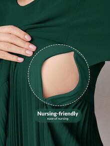 MaterniWear Váy bầu cổ tròn xếp ly màu trơn đơn giản cho bà bầu - Màu xanh lá cây đậm - Xem 6
