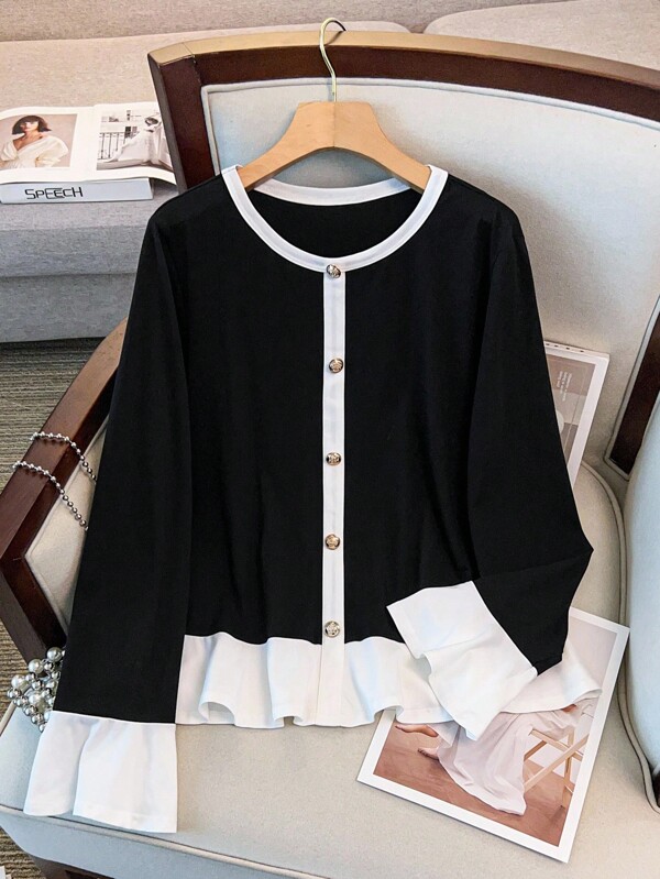 Regalyn Plus Size Women's Elegant Casual Ruffle Trim Contrast Color Long Sleeve T-Shirt, Round Neck Flare Sleeve, Button Decor, Minimalist Cut Design Top Fall Cloth For Women