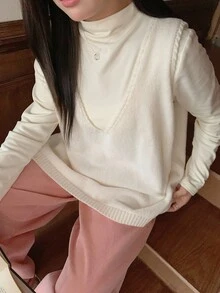 Dazy Plus 大码女式侧开衩V领宽松套头毛衣背心，秋冬 - 杏色 - 查看 4