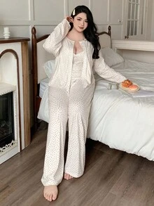Dazy Plus 大码三件套碎花吊带背心+优雅长裤+纽扣门襟上衣睡衣套装，秋冬服装，舒适套装 - 白色 - 查看 5
