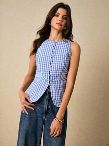 Poéselle Camisa de mujer sin mangas con decoración de botones en la cintura, estilo casual de verano a cuadros