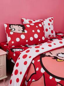 Betty Boop x SHEIN 波点爱心图案被套套装，温暖柔软，多种尺寸可选，三件套，礼品之选，派对、节日、情人节适用 - 彩色 - 查看 6