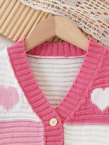 Girls' Heart Pattern Color Block Cardigan Cute Minimalist Everyday Wear ...