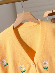 Fashionable Daisy Embroidered Knit Sweater Jacket, Soft Yellow Autumn Tween Girl Cardigan, Cute Holiday Back-To-School Button Up Fall Sweaters - Orange - View 4