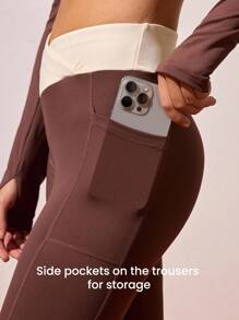 CourtClass Solid Color Cross-Wrap Long Sleeve Top And Contrast Color Waist Long Pants Casual Versatile Yoga Activewear Set