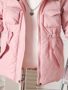 SHEIN 女童少女秋冬新款简约时尚百搭厚棉衣，带毛领，拉链，口袋，腰部收紧，棉服 - 粉色 - 查看 4