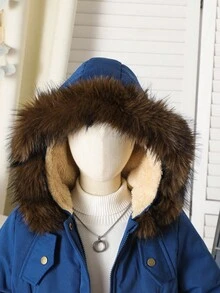 Áo khoác parka dày dặn cho bé gái, áo khoác có mũ trùm đầu bằng lông giả thời trang, cổ áo có khóa kéo, túi ở eo, áo khoác đệm thông thường cho mùa thu/đông - Màu xanh lam - Xem 3