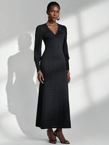 Almamuse Women's Long Dress, Elegant & Graceful, Simple V-Neck Jacquard Black Dress Fall Cloth For Women - Black - View 5