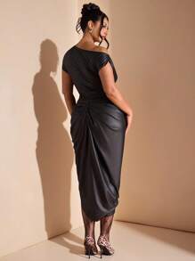 SHEIN BAE Plus Size Women Black Asymmetric Shoulder PU Elegant Long Slit Dress,Summer Formal Evening Night Out Club Wedding Guest Birthday Halloween Hoco Dress - Black - View 7