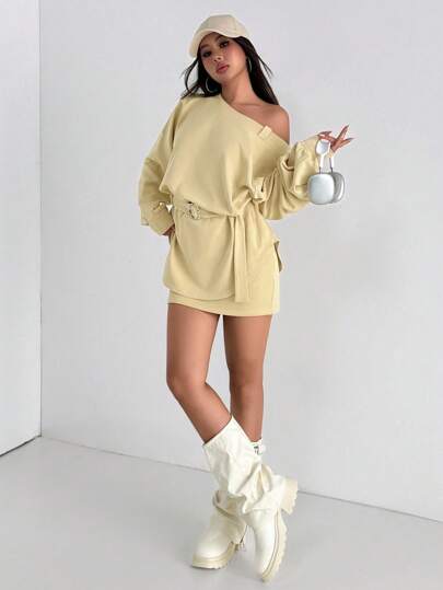 Aidyla 1 Set Asymmetrical Shoulder Strap Hoodie With Metal Ring Belt Decor + Matching Mini Skirt, Casual Two Pieces Set, Reeds Yellow Fall Cloth For Women