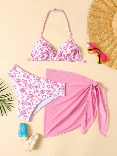 SHEIN Tween Girls,Beach Attire,Leisure Vacation, Seaside Travel, 3 Piece Swimsuit Set, Girls Bathing Suit Set With Skirt, Teens Bathing Suits, Floral Bikini Set, Girls Bikini Set With Sarong