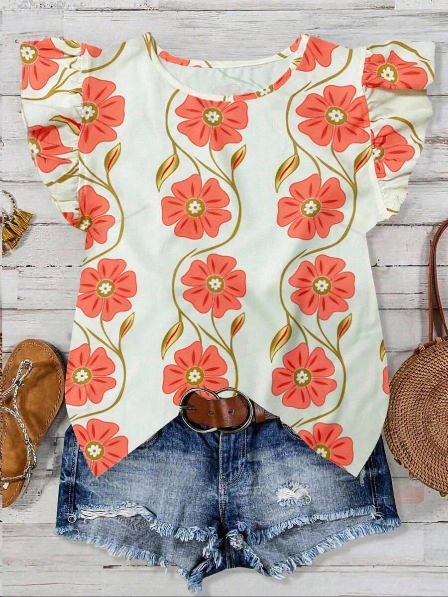 EMERY ROSE 女式休闲粉色花卉印花竹纤维圆领荷叶袖盖袖衬衫，春夏 - 橘色 - 查看 1