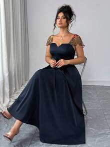 Auvina Women's Elegant Jacquard Patchwork Summer Dress - Navy Blue - View 7