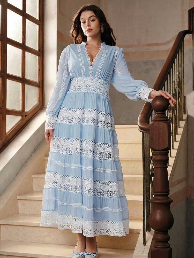 Plus Size Women's Elegant Fashion Resort Date Courtly Hollow-Out Lace Patchwork Romantic Long Dress, Suitable For Spring, Festival, Holiday