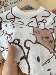 SHEIN 年轻女孩可爱卡通图案长袖毛衣，休闲百搭，适合秋冬 - 棕色 - 查看 3