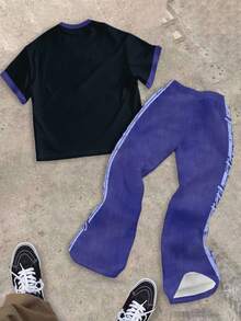 SHEIN Tween Boy 紫色和黑色条纹图案 T 恤和喇叭裤两件套休闲装，适合夏季 - 彩色 - 查看 3