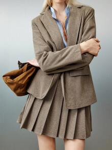 Airlisse 女士人字纹羊毛西装外套搭配褶裥中长裙套装，正式优雅 - 摩卡棕 - 查看 3