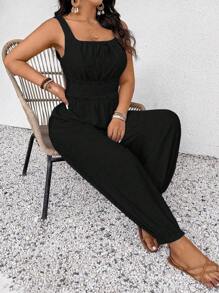SHEIN Frenchy 大码休闲度假细肩带哈伦连体裤 - 黑色 - 查看 6